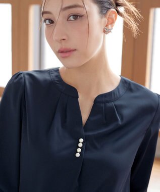 Tiaclasse 【洗える】スキッパー衿ボタンブラウス ネイビー