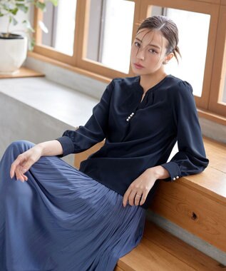 Tiaclasse 【洗える】スキッパー衿ボタンブラウス ネイビー