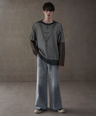 WEGO シルバープリントバギーフレアデニム デニム淡色