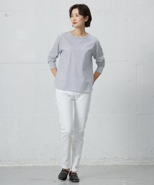 J.PRESS LADIES ベーシックジャージーシャツテール ボーダー カットソー オフ×ネイビー系