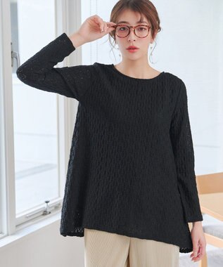 Tiaclasse L 花柄カットレースフレアトップス ブラック