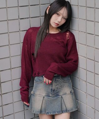 WEGO モヘアタッチダメージショートニット ワイン