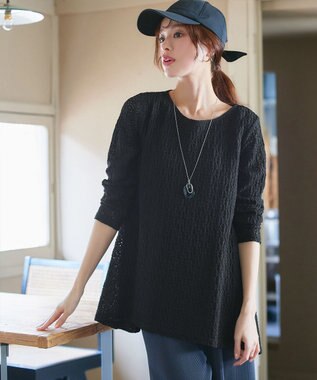 Tiaclasse L 花柄カットレースフレアトップス ブラック