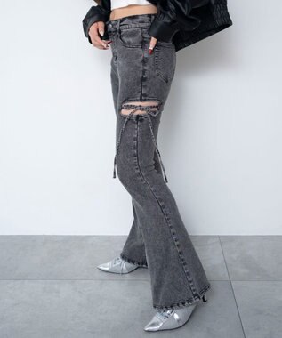 WEGO 【SMサイズ展開/伸びる】カットアウトリボンストレッチフレアデニムパンツ ブラックその他