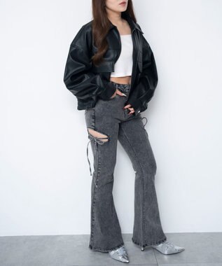 WEGO 【SMサイズ展開/伸びる】カットアウトリボンストレッチフレアデニムパンツ ブラックその他