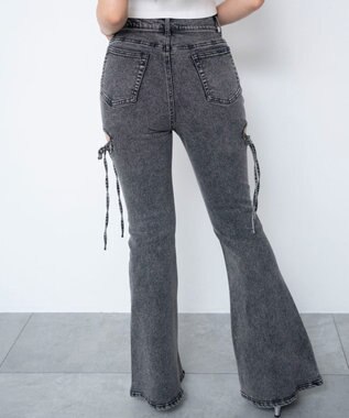 WEGO 【SMサイズ展開/伸びる】カットアウトリボンストレッチフレアデニムパンツ ブラックその他