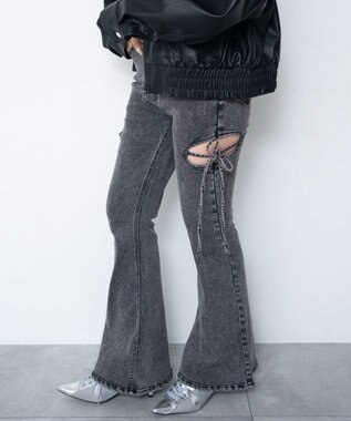 WEGO 【SMサイズ展開/伸びる】カットアウトリボンストレッチフレアデニムパンツ ブラックその他