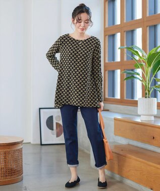 Tiaclasse L 花柄カットレースフレアトップス ブラック×ベージュ