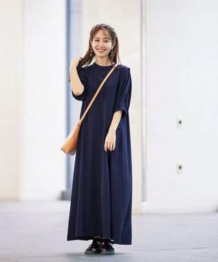 Tiaclasse L 【洗える】ボリュームパフスリーブAラインワンピース ネイビー