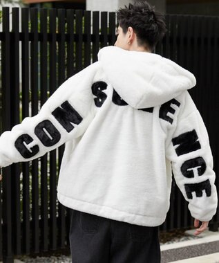 WEGO ファーフードグラフィックブルゾン ホワイト