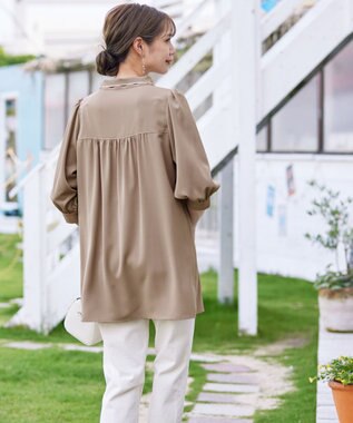 Tiaclasse L 【洗える】配色ボウタイパフ袖チュニックブラウス ベージュ