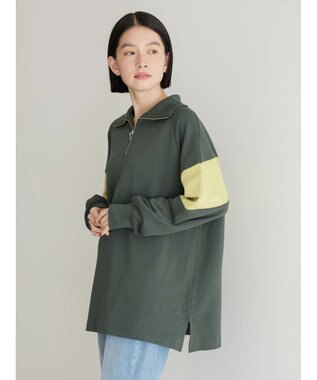 AMERICAN HOLIC ハーフＺＩＰ配色切り替え裏毛チュニック Khaki
