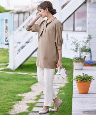 Tiaclasse L 【洗える】配色ボウタイパフ袖チュニックブラウス ベージュ