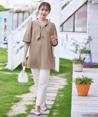 Tiaclasse L 【洗える】配色ボウタイパフ袖チュニックブラウス ベージュ