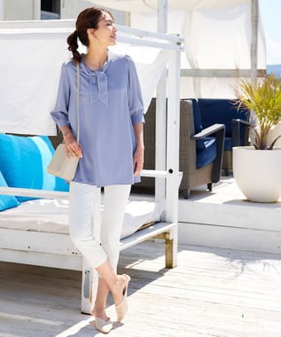 Tiaclasse L 【洗える】配色ボウタイパフ袖チュニックブラウス サックス