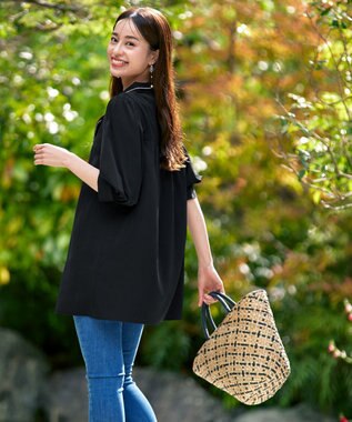 Tiaclasse L 【洗える】配色ボウタイパフ袖チュニックブラウス ブラック