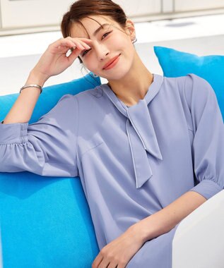 Tiaclasse L 【洗える】配色ボウタイパフ袖チュニックブラウス サックス