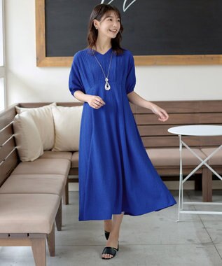 Tiaclasse L 【新色追加】ワッフルVネックワンピース ブルー