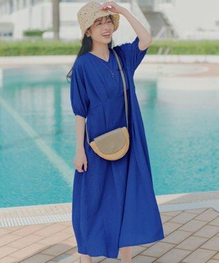 Tiaclasse L 【新色追加】ワッフルVネックワンピース ブルー