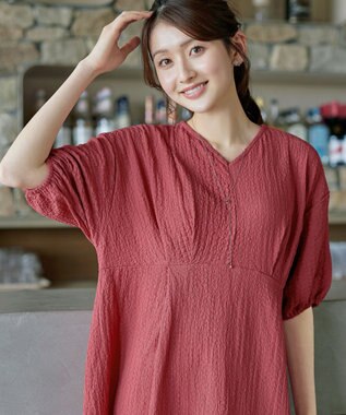 Tiaclasse L 【新色追加】ワッフルVネックワンピース ディープピンク