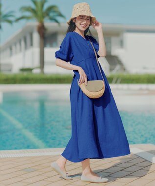 Tiaclasse L 【新色追加】ワッフルVネックワンピース ブルー
