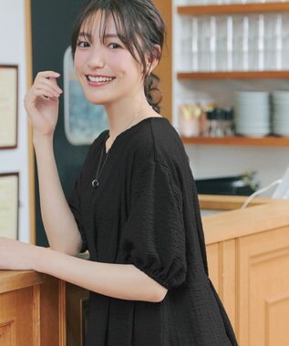 Tiaclasse L 【新色追加】ワッフルVネックワンピース ブラック