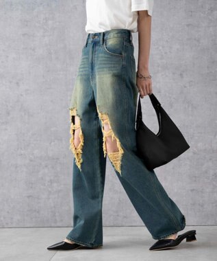 WEGO ヴィンテージウォッシュダメージデニムパンツ デニム中濃加工色