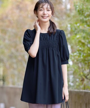 Tiaclasse L 【洗える】シャーリングチュニック ネイビー