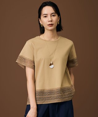 自由区 ナチュラルコットンハイゲージレースドッキング Tシャツ テラコッタブラウン