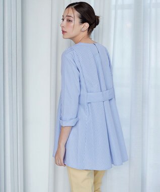 Tiaclasse L 【おのののかさん着用】半袖＆七分袖選べる袖丈バックフレアチュニック 七分袖サックスストライプ
