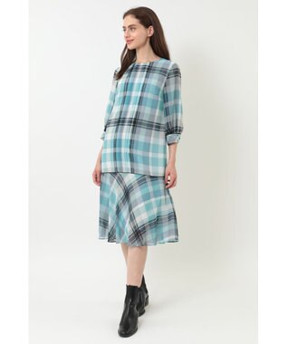 DAKS ビッグトランスチェックシフォンワンピース サックス