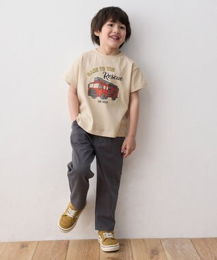 ANY KIDS 車プリント 半袖Tシャツ ベージュ（消防車）