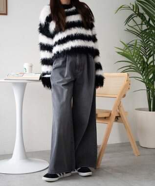 WEGO 【ウエスト調整付き】ウエストフックデニムワイドパンツ スミクロ