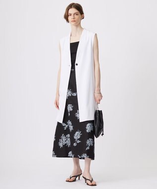 ICB L 【洗える】リネンオックスフラワープリント スカート ブラック系