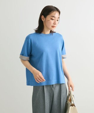 Green Parks 袖裏配色５分袖ニットプルオーバー Blue