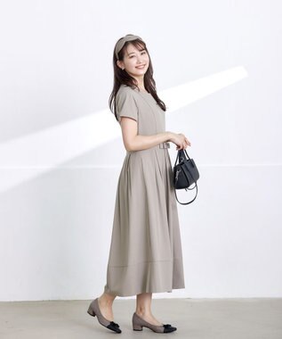 Tiaclasse 【洗える】半袖リボンギャザーフレアワンピース グレージュ