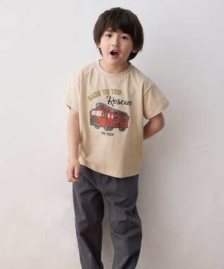 ANY KIDS 車プリント 半袖Tシャツ ベージュ（消防車）
