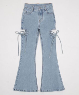 WEGO 【SMサイズ展開/伸びる】カットアウトリボンストレッチフレアデニムパンツ デニム淡加工色