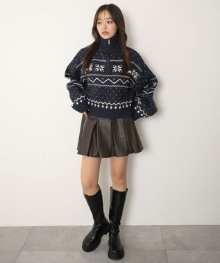 WEGO ノルディック柄ハーフジップニット ネイビー