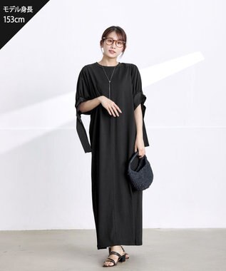 Tiaclasse 【洗える】デザインカフス付きマキシカットソーワンピース ブラック