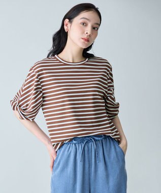 ANY ツイストスリーブボーダートップス ダークブラウン系2
