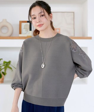 Tiaclasse 肩レースドルマンニットトップス グレー