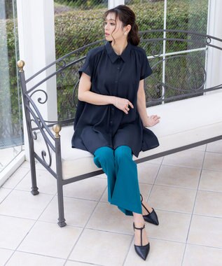 Tiaclasse L 【洗える】フレンチスリーブシャツチュニックブラウス ネイビー