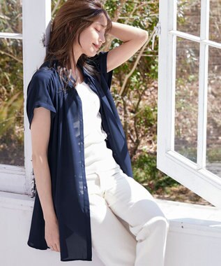 Tiaclasse L 【洗える】フレンチスリーブシャツチュニックブラウス ネイビー