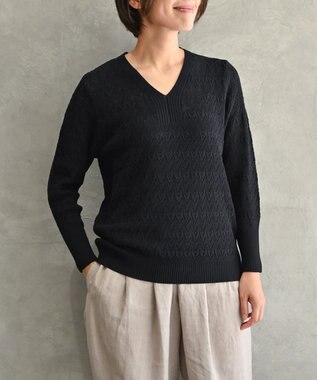 muuc 〈コットン100%強撚糸〉〈通気性が高いドライタッチな素材〉透かし編み 袖口リブ Vネック プルオーバー