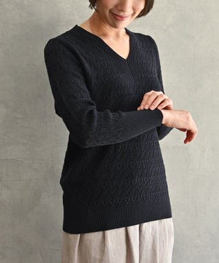 muuc 〈コットン100%強撚糸〉〈通気性が高いドライタッチな素材〉透かし編み 袖口リブ Vネック プルオーバー BLK ブラック