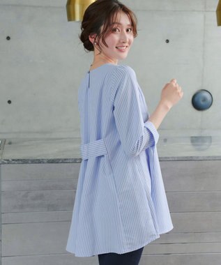 Tiaclasse L 【おのののかさん着用】半袖＆七分袖選べる袖丈バックフレアチュニック 七分袖サックスストライプ