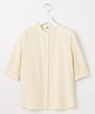 J.PRESS LADIES L 【洗える】ストライプ バンドカラー ブラウス イエローストライプ系