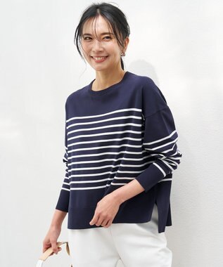 UNFILO マイビューティ クルーネック ニット ネイビー×オフ