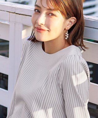 Tiaclasse L 【おのののかさん着用】半袖＆七分袖選べる袖丈バックフレアチュニック 七分袖グレージュストライプ